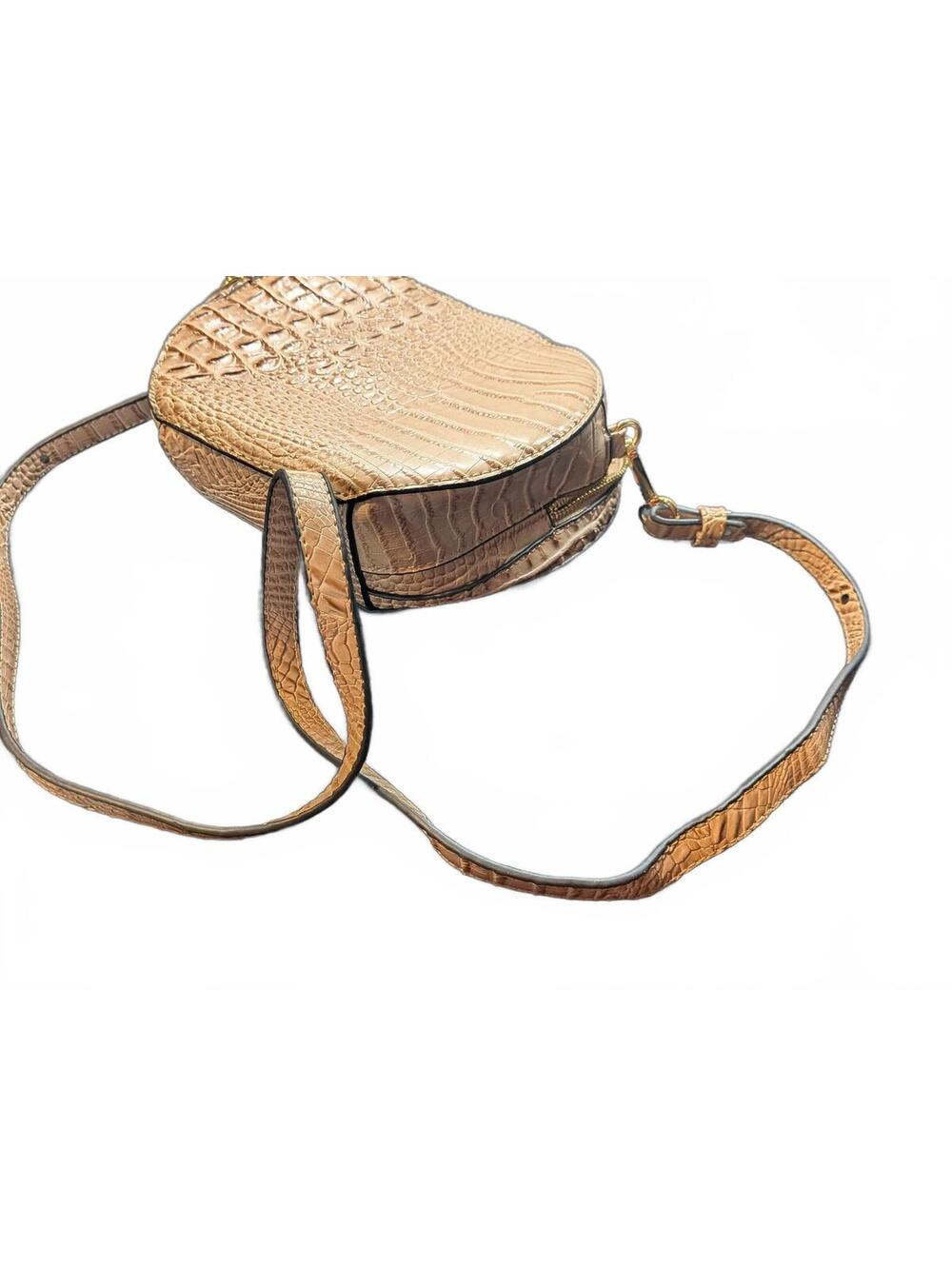 Tan Crocodile Embossed Crossbody Shoulder Bag Gold Hardware Multi Compartment